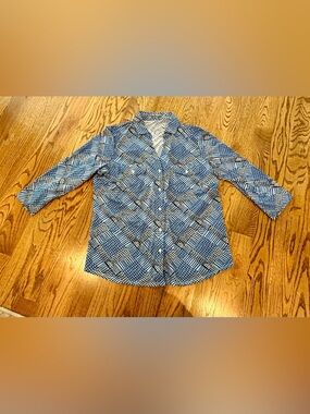 J. McLaughlin Blue 3/4 Sleeve Collared Button Top Coastal Nautical size XL